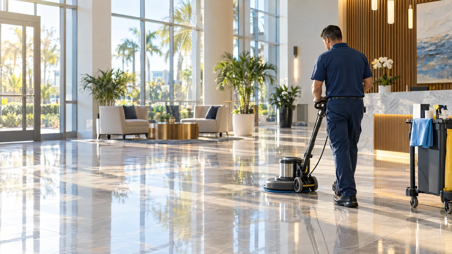 Professional cleaner caring for a modern commercial office